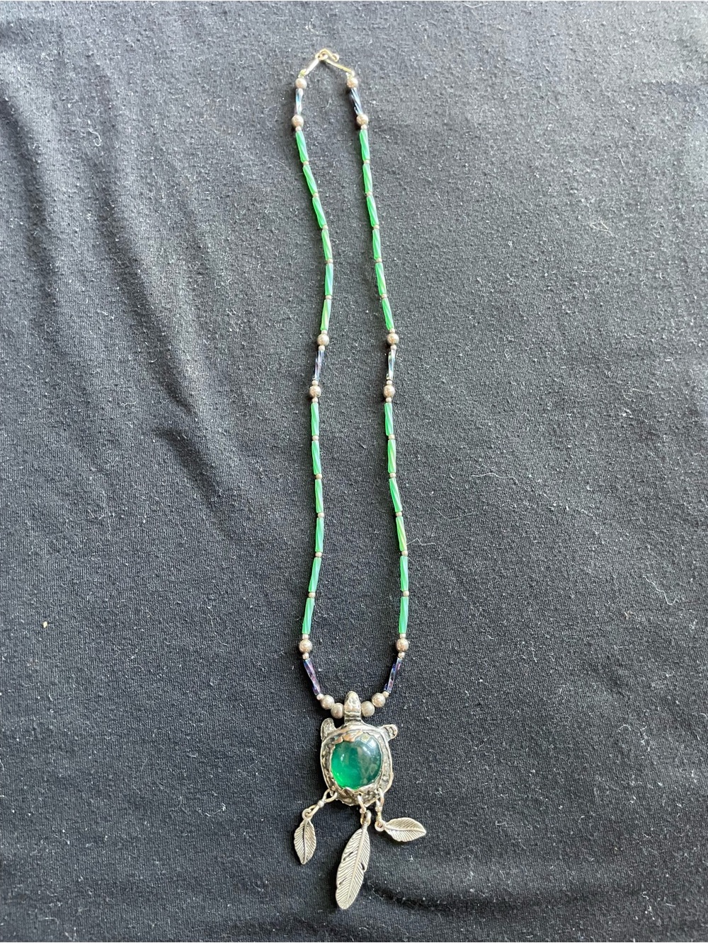 Green Gem Pendant Necklace with Feather Charms